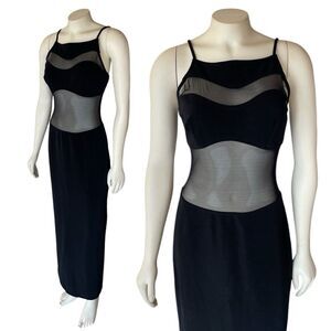 Michi by Boule de Neige 90s Vintage Minimal Maxi Black Sheer Mesh Panels Dress